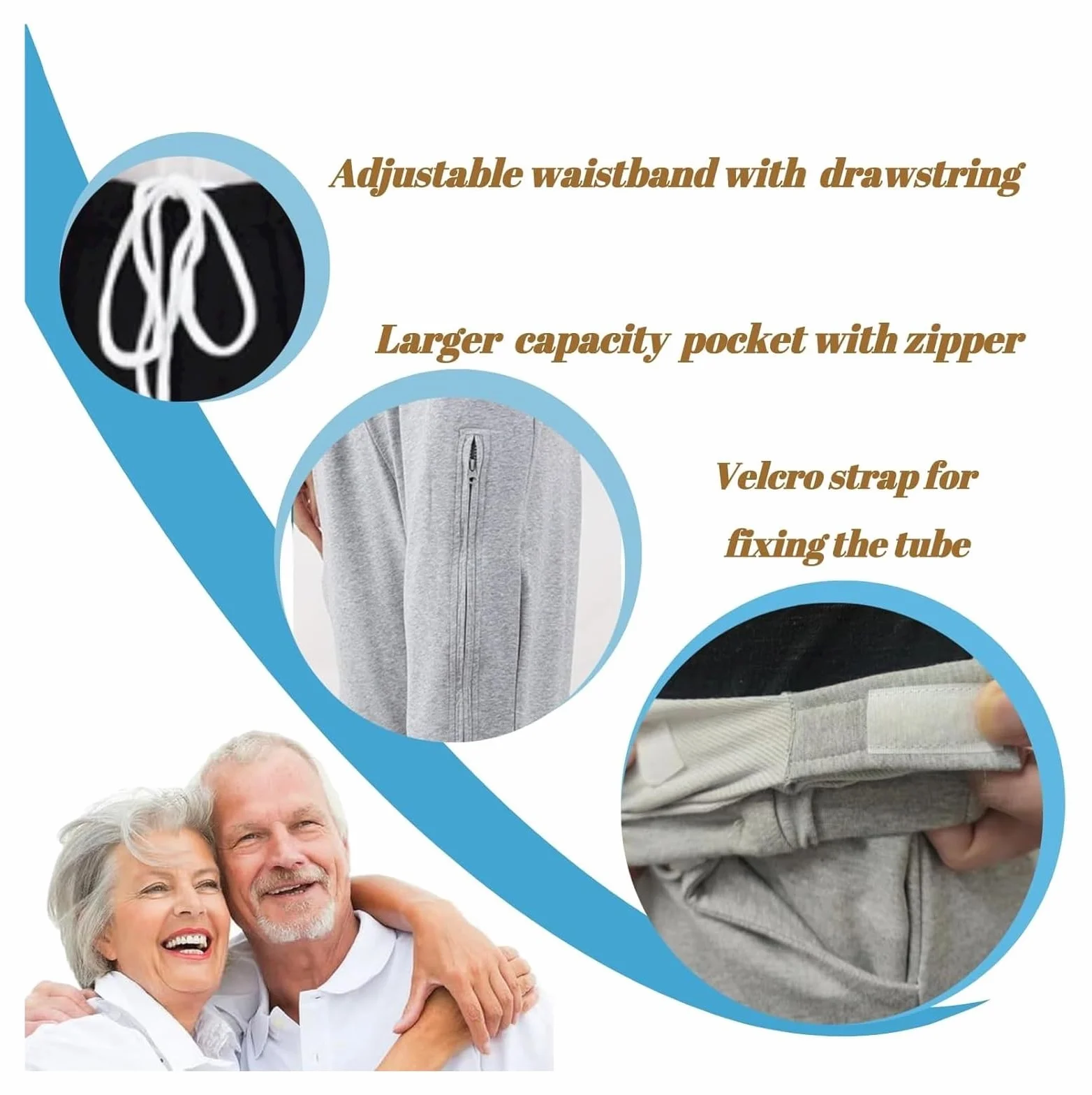 Zewnętrzny cewnik dla mężczyzn, spodnie z workiem na nogę, bielizna z uchwytem i podwójnymi kieszeniami, zamek błyskawiczny (XL)