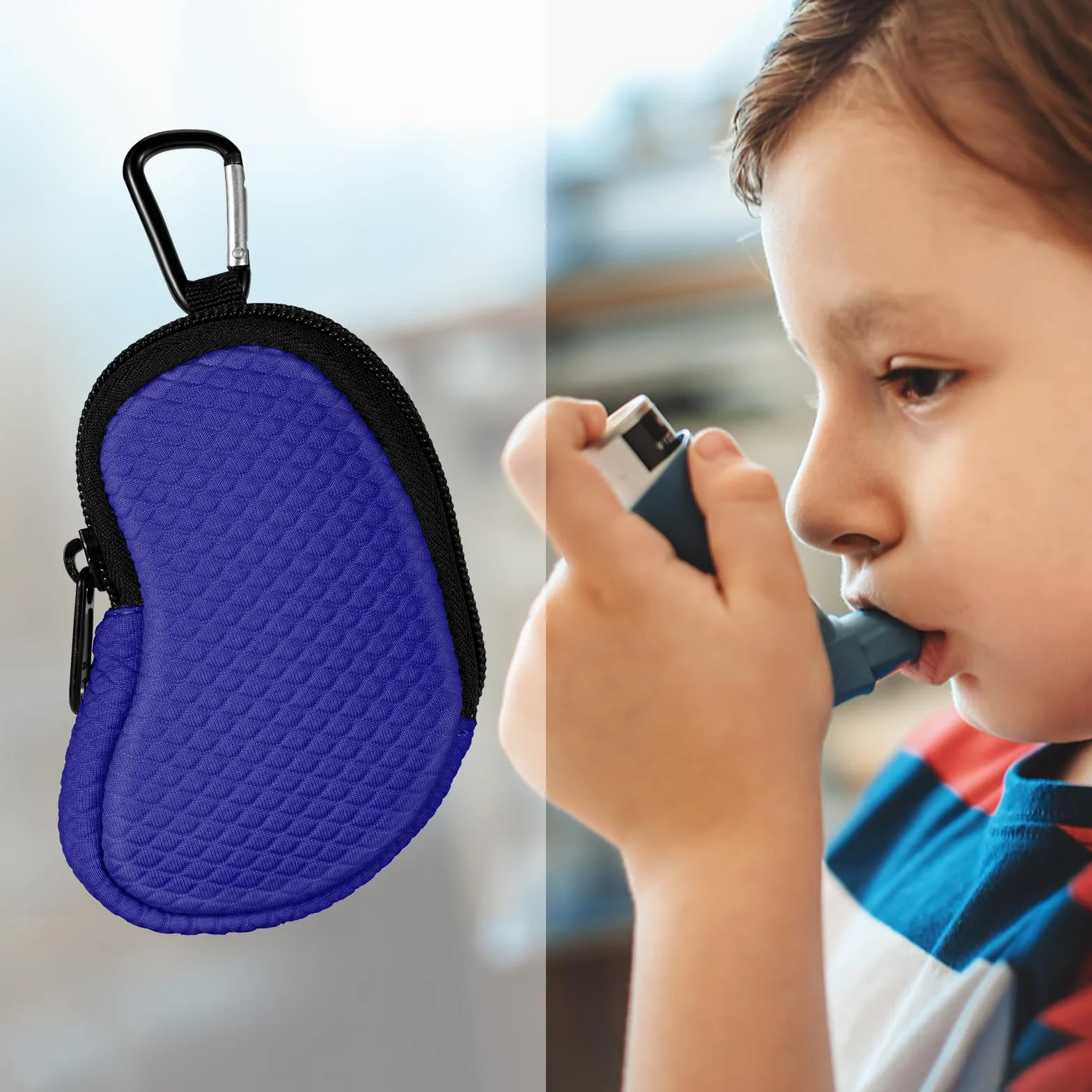 MEDMAX Étui de Transport pour Asthma inhalator, Sac de Rangement léger protection en néoprène avec mousqueton, inhalateur non inclus (étui uniquement) (Bleu marine)