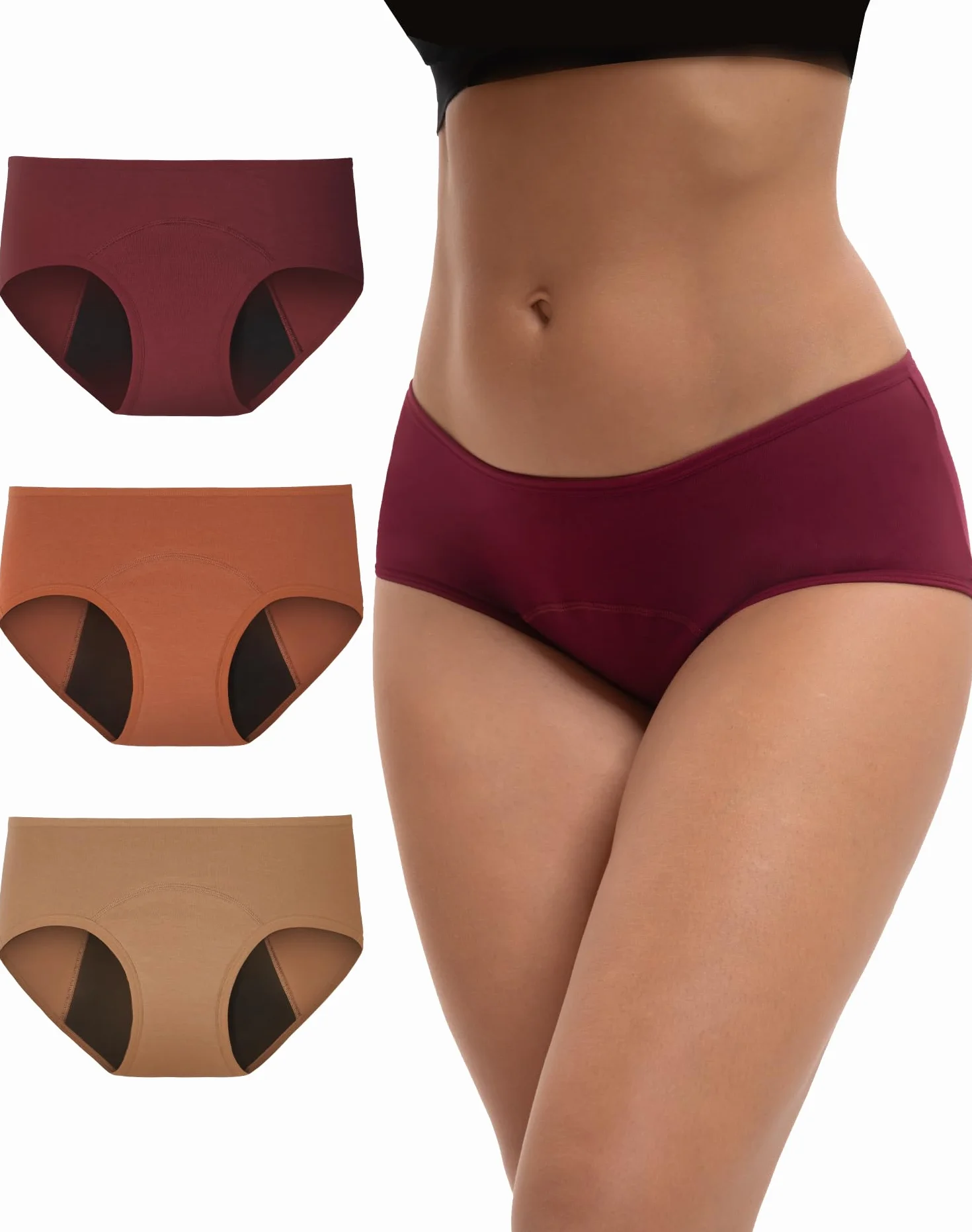 INNERSY Bielizna okresowa, silne krwawienie, bawełna, majtki menstruacyjne, szczelne, 3 sztuki w opakowaniu, czerwone wino, jasny brąz, terakota, S