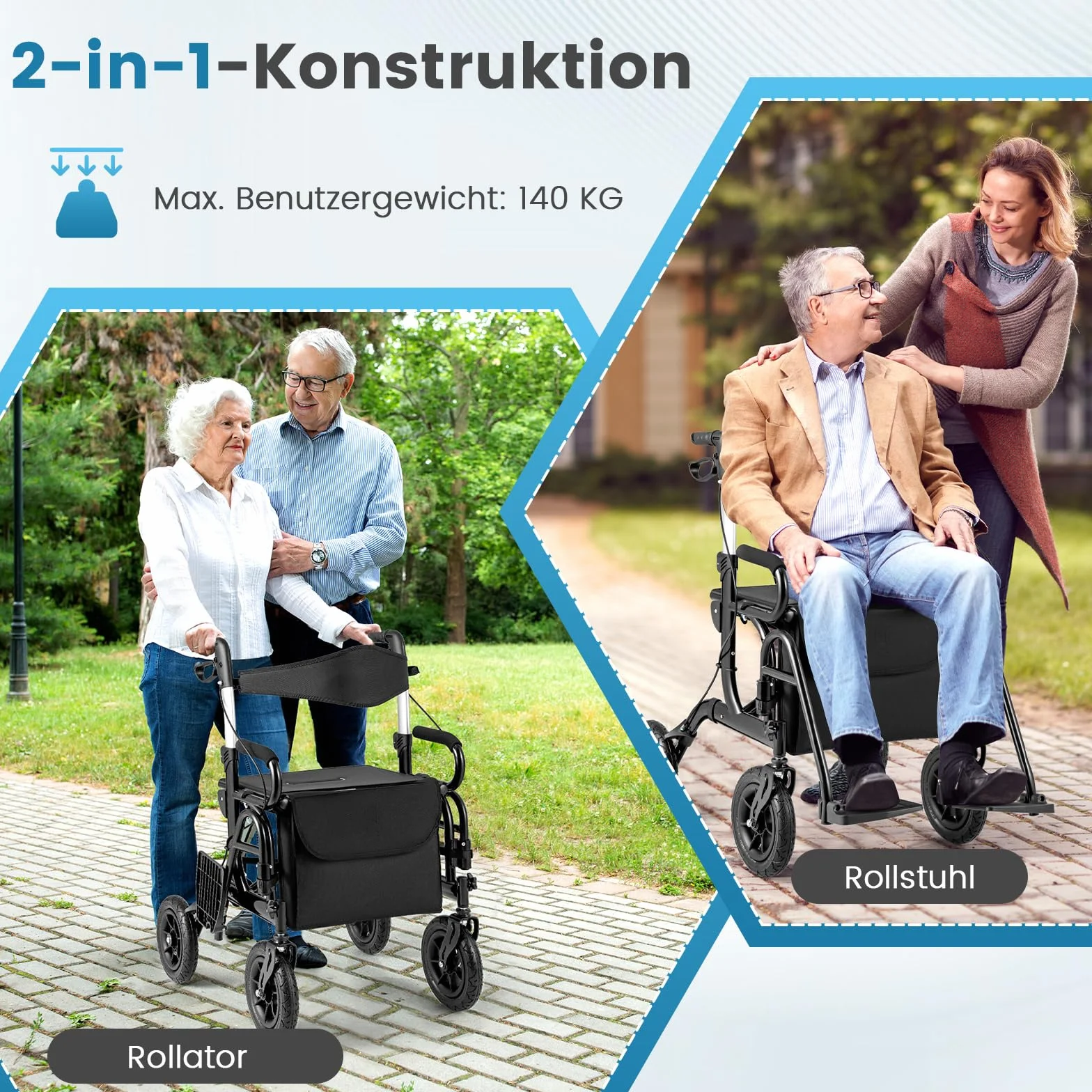 COSTWAY Chodzik z oponami pneumatycznymi składany lekki z siedziskiem wózek inwalidzki rollator 2 w 1 aluminium do 140 kg 6-stopniową regulacją wysokości
