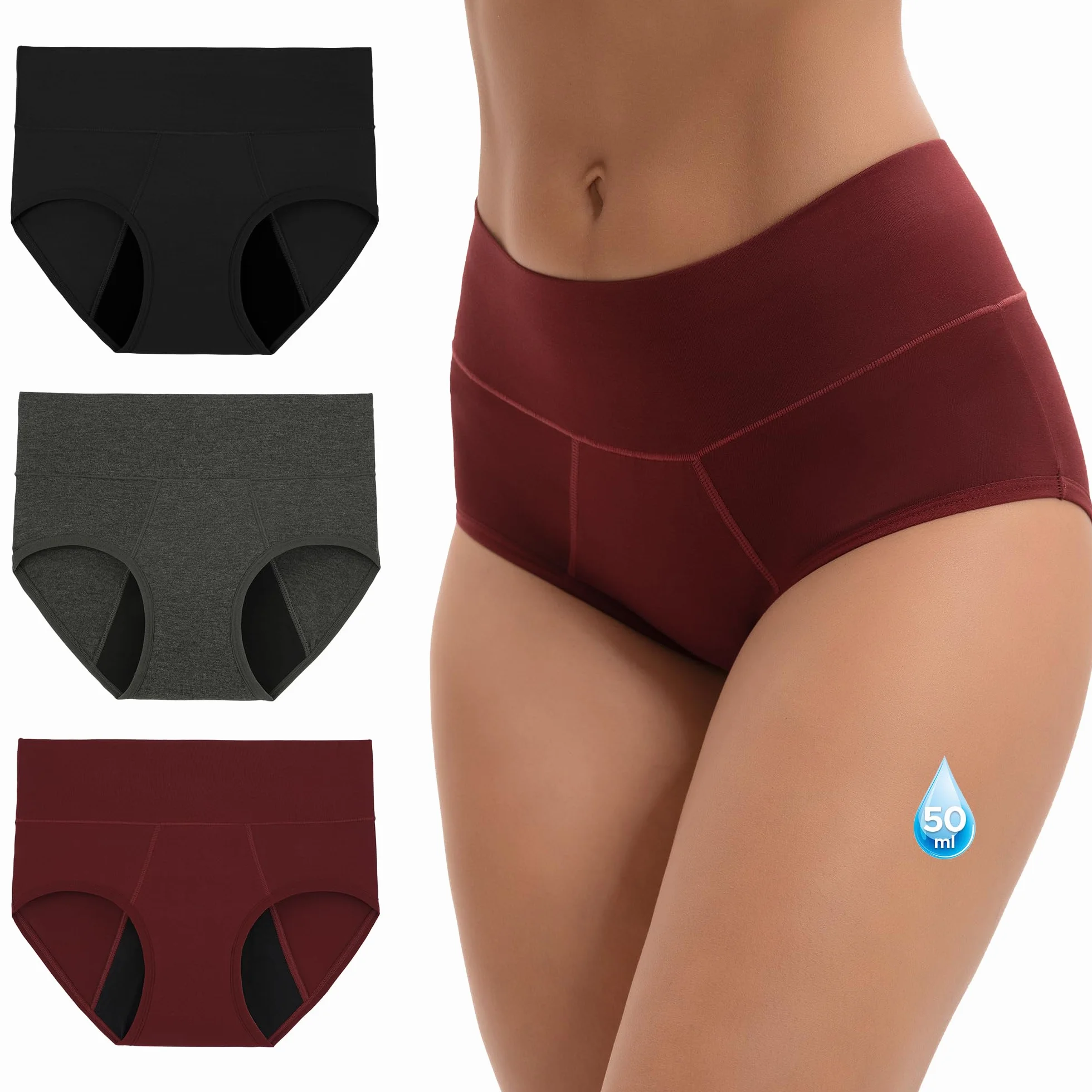 INNERSY Bielizna okresowa, silne krwawienie, bambus, wysoka talia, bielizna menstruacyjna, 3 sztuki