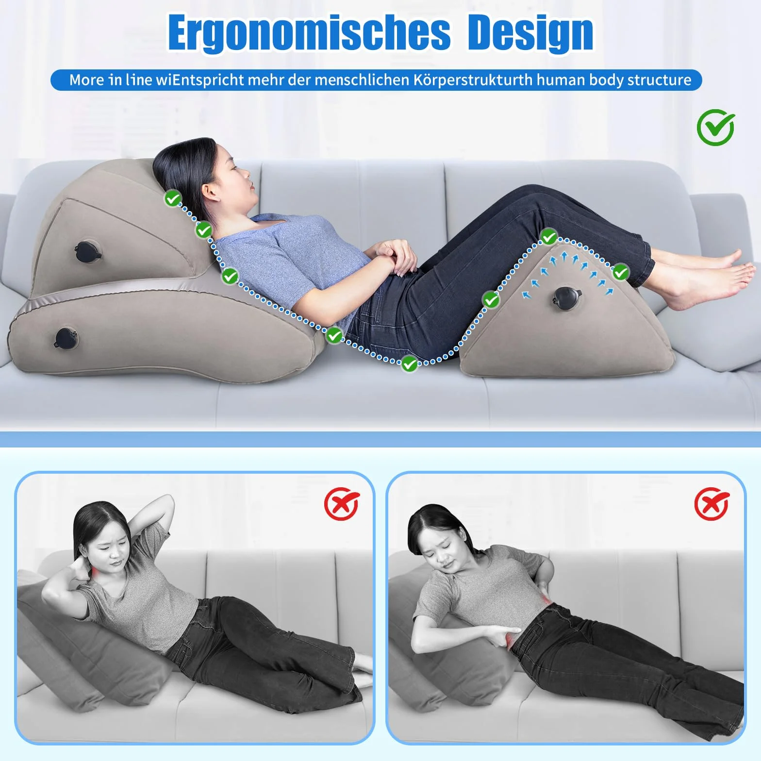 SAHEYER Zestaw nadmuchiwanych poduszek na oparcie, 2 regulowane poduszki do czytania, ergonomiczna poduszka podpierająca nogi, poduszka podpierająca plecy, poduszka antyrefleksyjna, do łagodzenia bólu