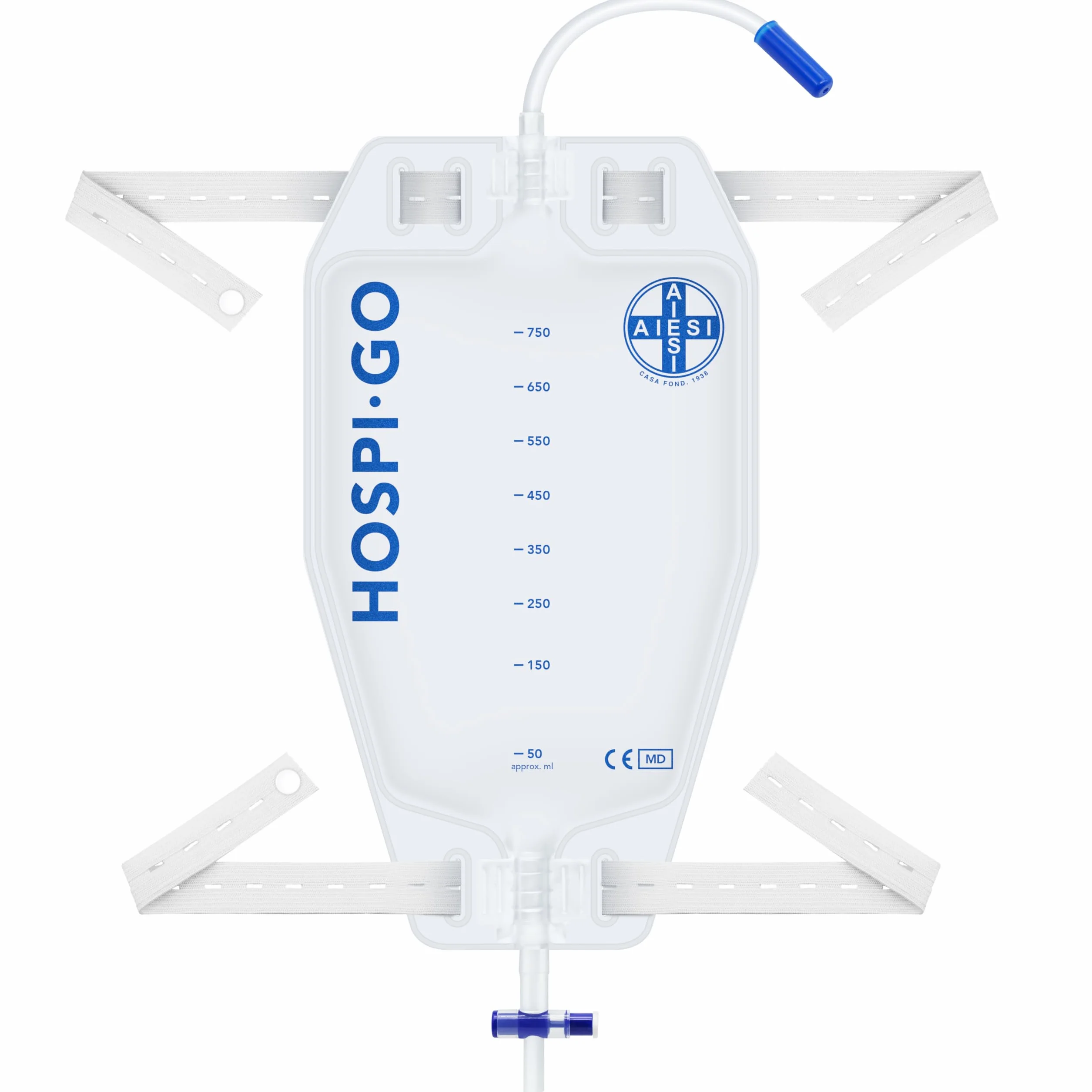 AIESI Worki na mocz 750 ml rurka 30 cm z kranem krzyżowym T i zaworem antyrefluksowym HOSPI-GO opakowanie 10 sztuk