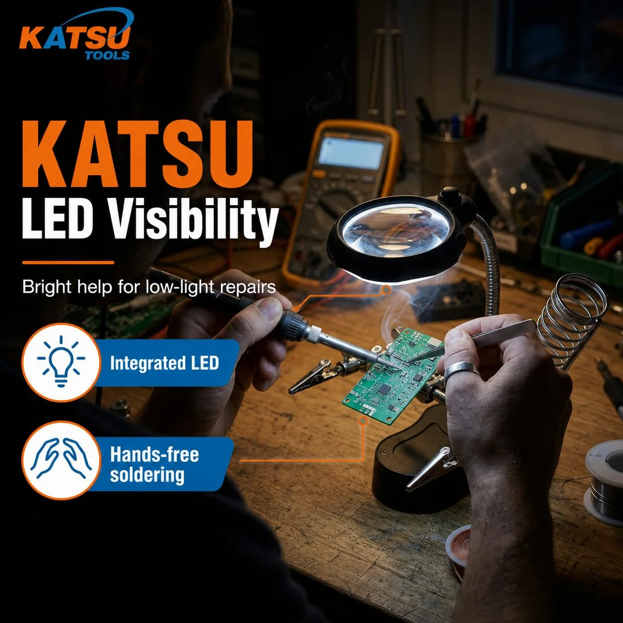 KATSU Tools 990747 podświetlane szkło powiększające lupa pomaga dłoniom lupa lutownicza