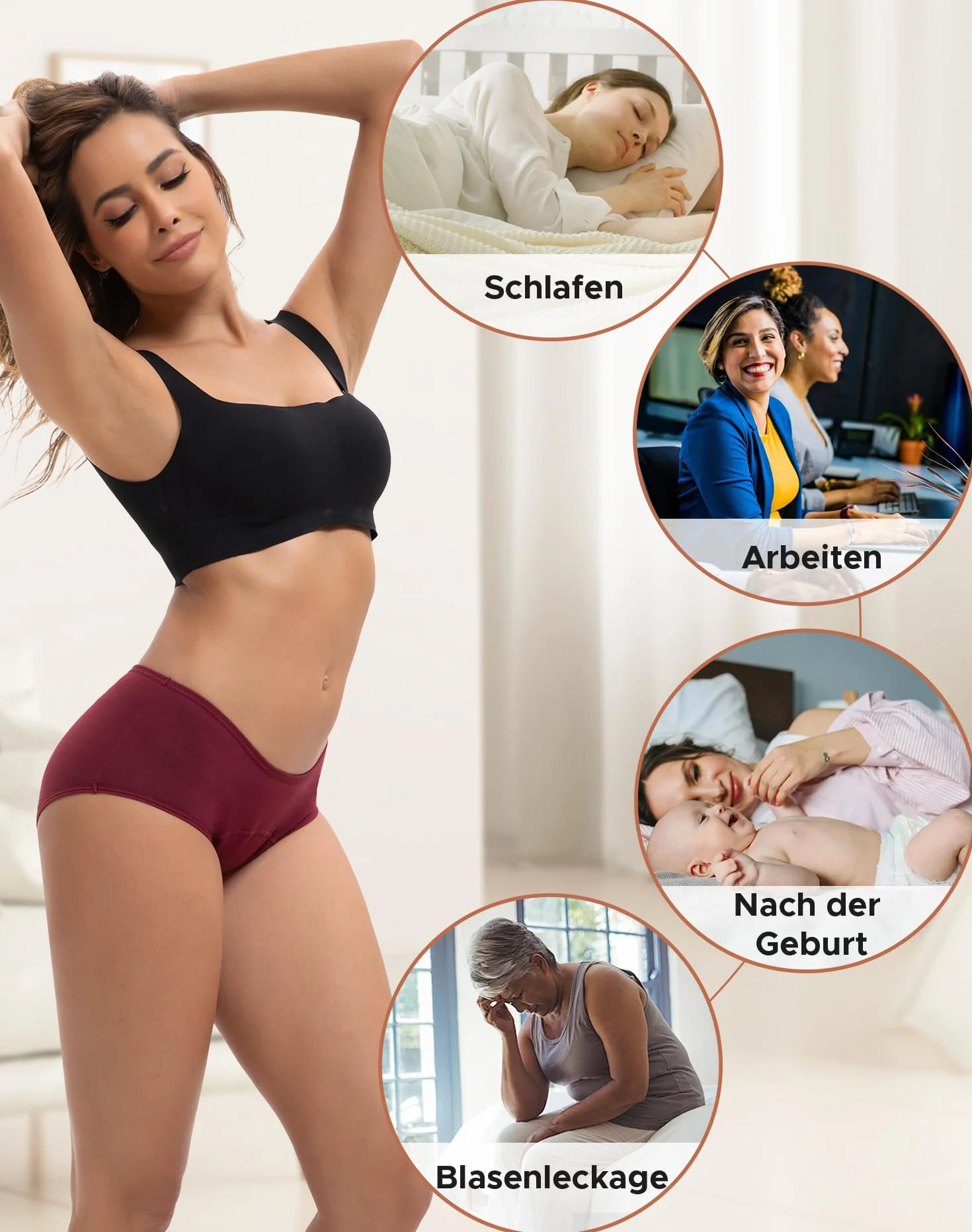 INNERSY Bielizna okresowa, silne krwawienie, bawełna, majtki menstruacyjne, szczelne, 3 sztuki w opakowaniu, czerwone wino, jasny brąz, terakota, S
