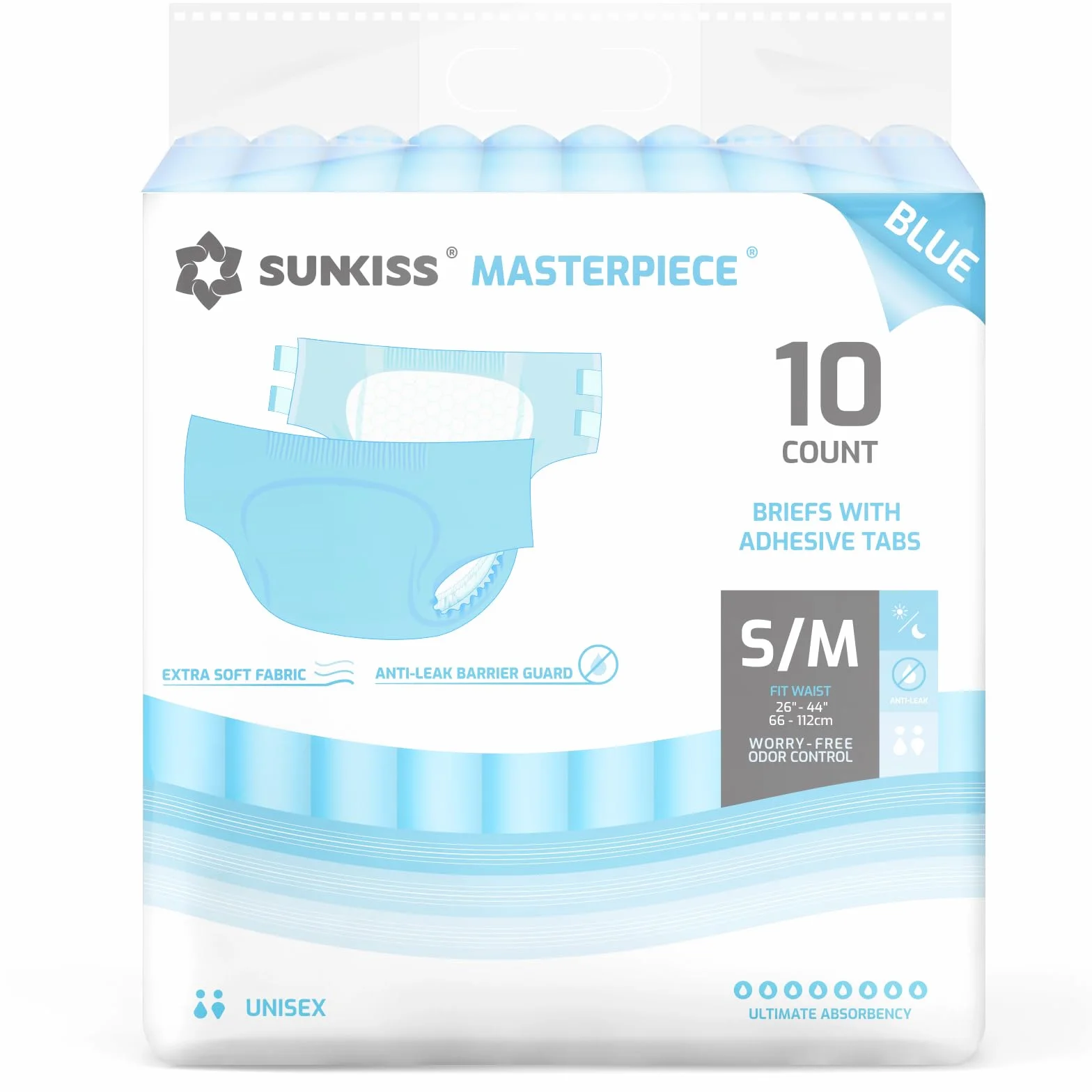 SUNKISS Masterpiece Pieluchy dla dorosłych z zakładkami, jednorazowe majtki na nietrzymanie moczu dla kobiet i mężczyzn, kontrola zapachu, niebieski, S/M, 10 sztuk