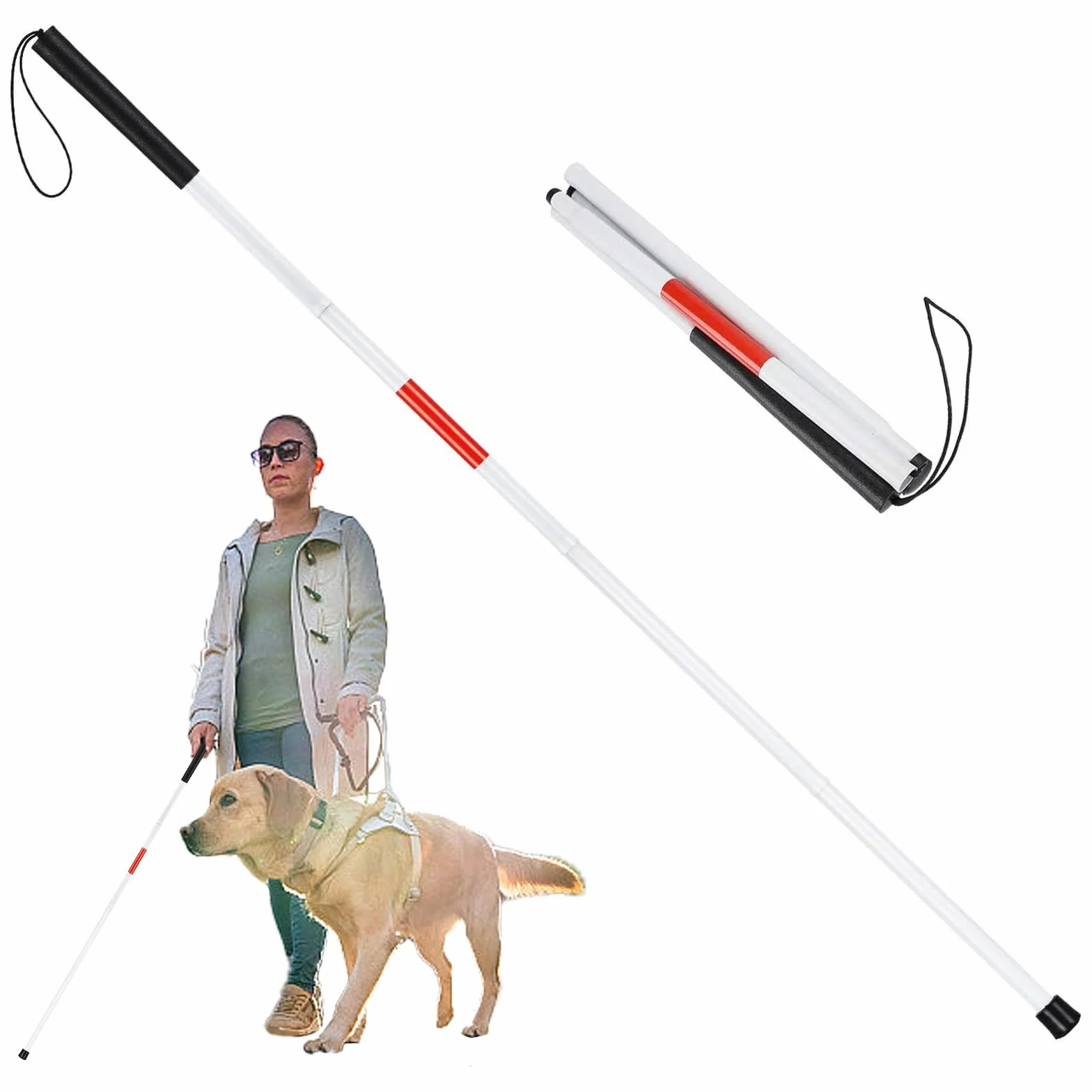 Blind Stick, składana laska do chodzenia, czerwono-biała, odblaskowa laska do chodzenia, 4 sekcje, składana laska dla osób niedowidzących i niewidomych, 123 cm