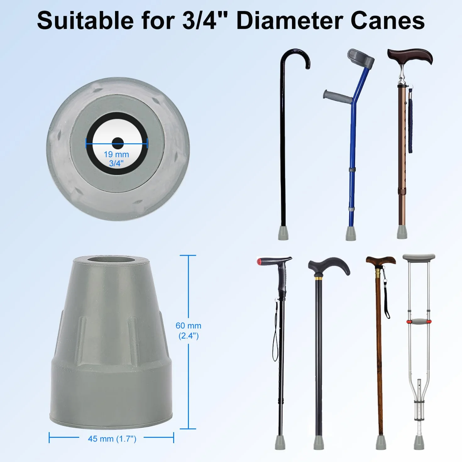 supregear 2-Pack Gumowe Końcówki do Laski, Końcówki do Kuli o Średnicy 19 mm Wytrzymałe z Dodatkowo Szeroką Antypoślizgową Bazą Końcówki Zamienników do Laski Spacerowej Akcesoria do Chodzenia, Szary