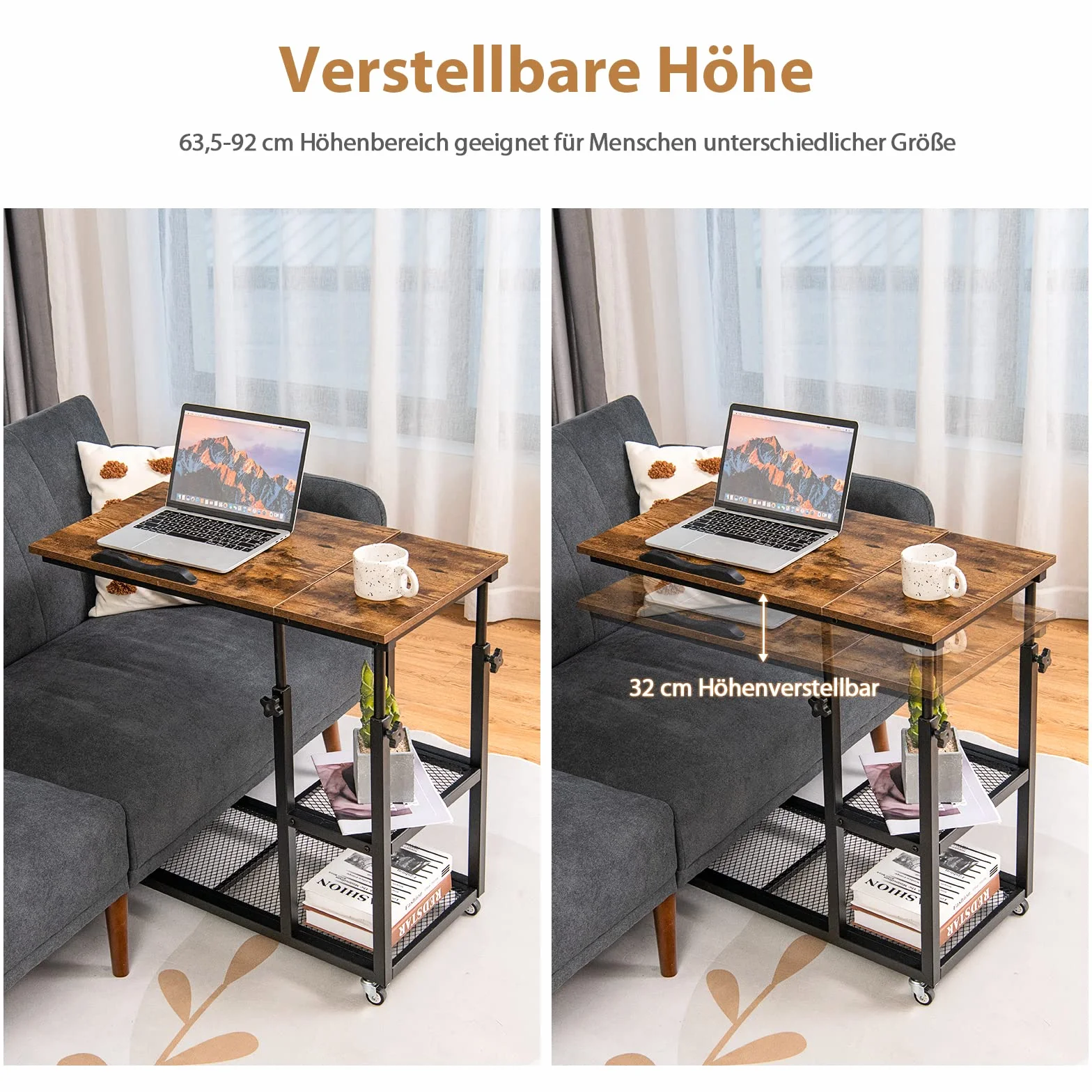 COSTWAY Stolik pod laptopa z regulacją wysokości i nachylenia, 3 poziomy, w kształcie litery C, na kółkach, 80 x 40 x 95 cm, brązowy
