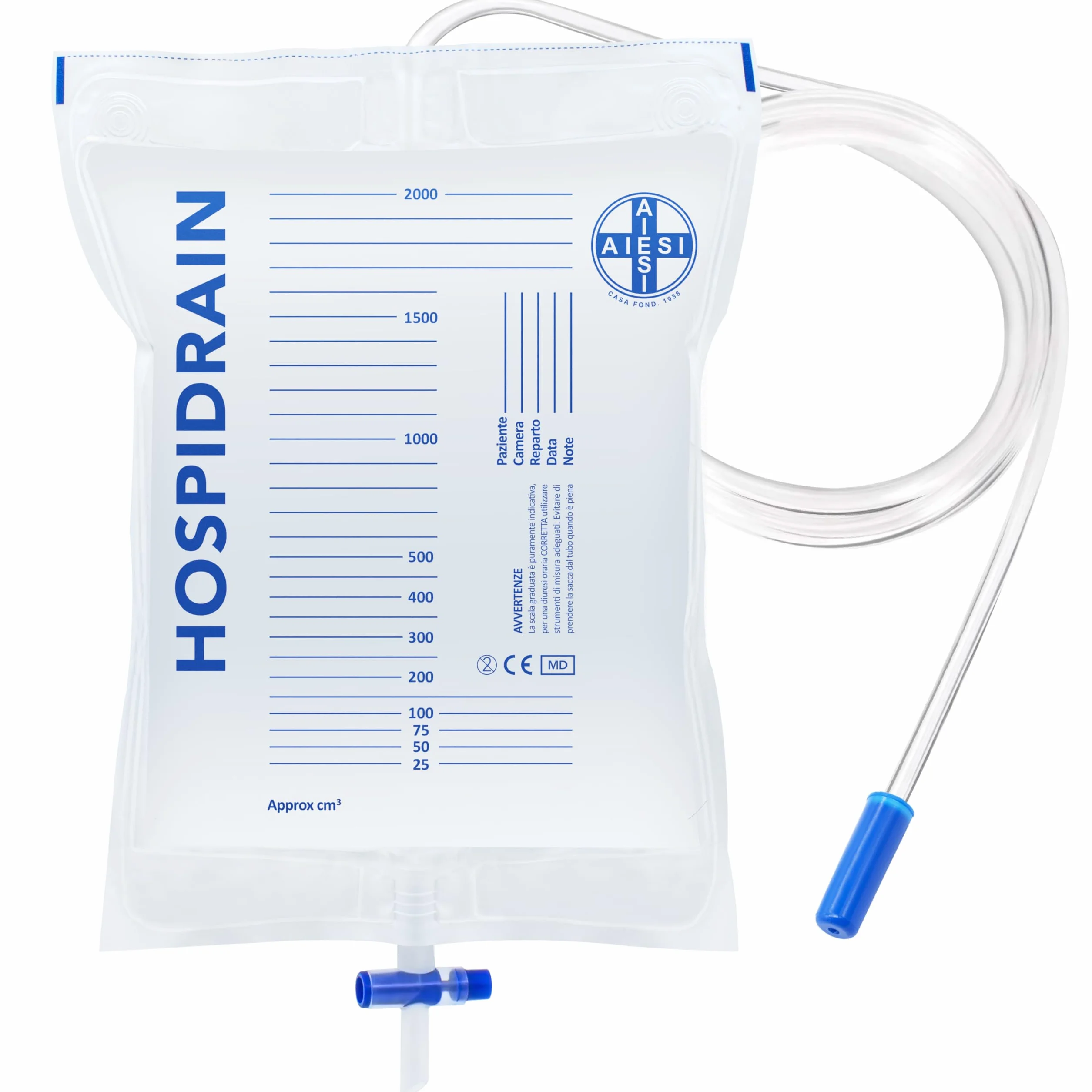 AIESI® Worki na mocz Bed 2 litry, rurka 120 cm z kranem krzyżowym (T) i zaworem antyrefluksowym HOSPIDRAIN (opakowanie 25 sztuk)