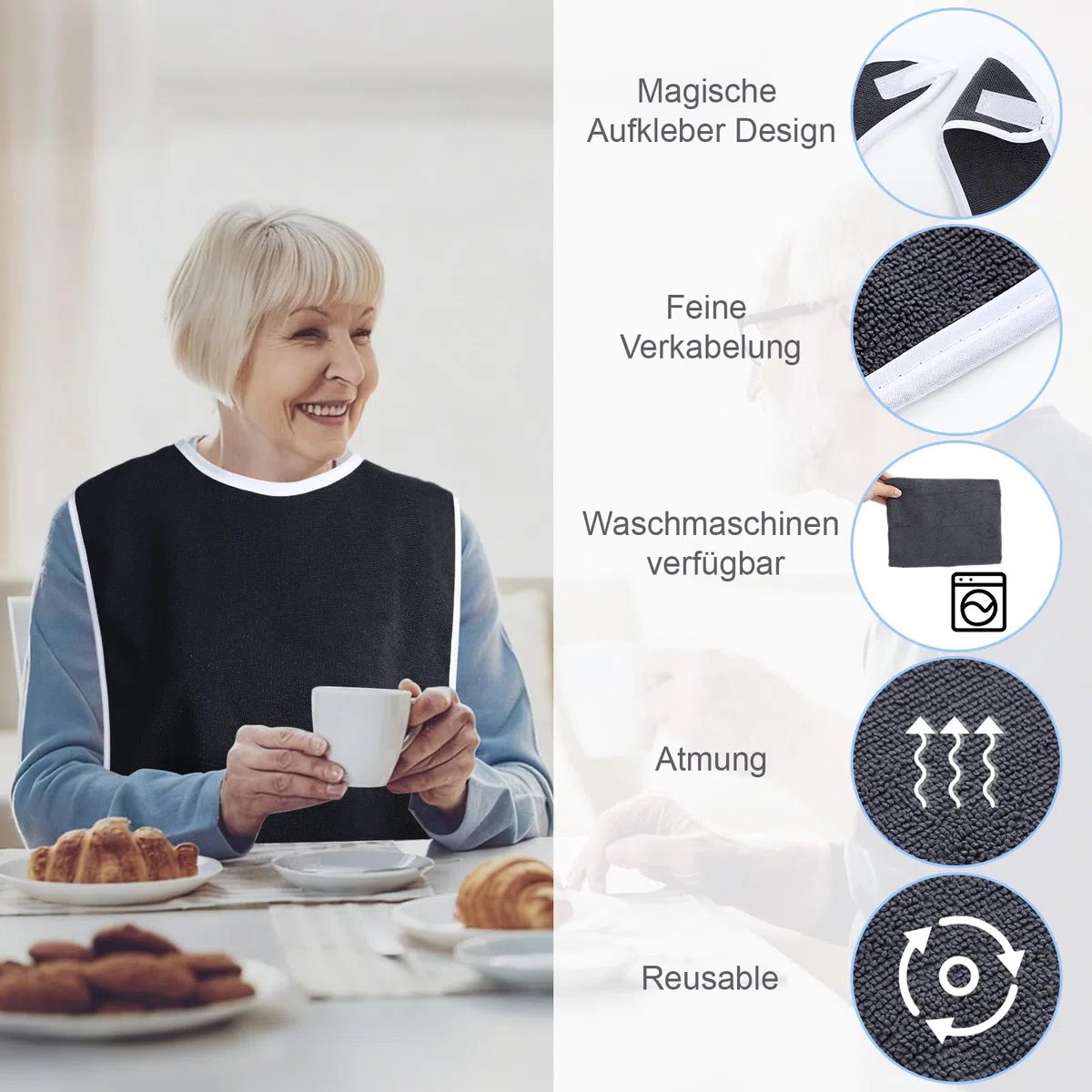 5 sztuk śliniaków dla dorosłych, ochrona odzieży z zapięciem na rzepy, nadaje się do prania, fartuch do jedzenia, regulowany, dla mężczyzn, kobiet, dorosłych, osób starszych i