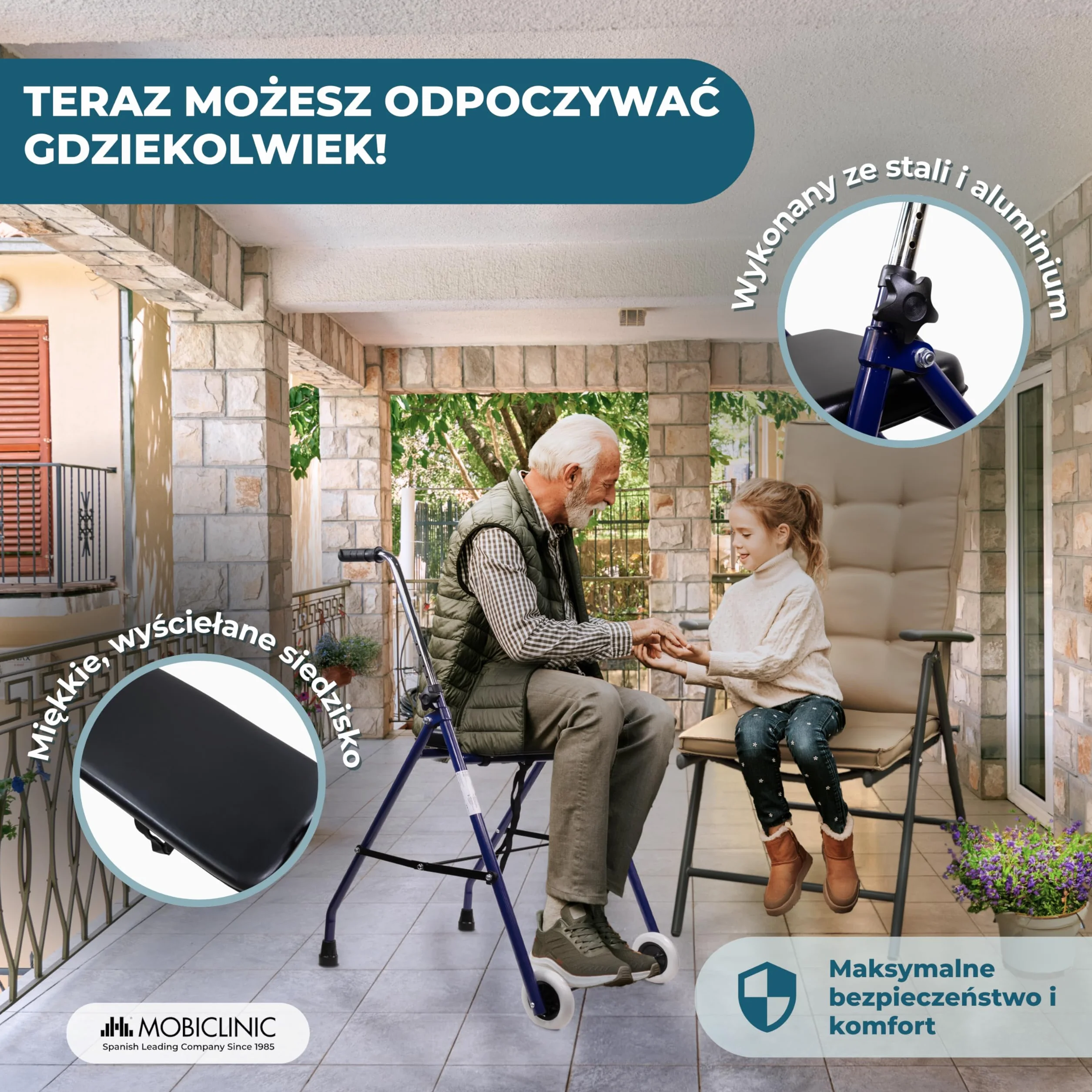 Emérita Mobiclinic Chodzik dla osób starszych Składany Siedzisko 2 koła Niebieski
