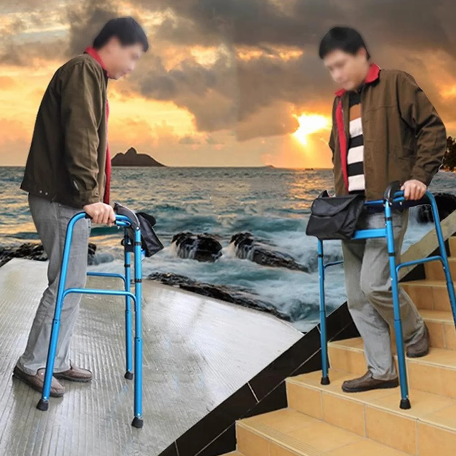 Aluminium Foldable Walking Frame Stair Climbing Aid Adjustable Height