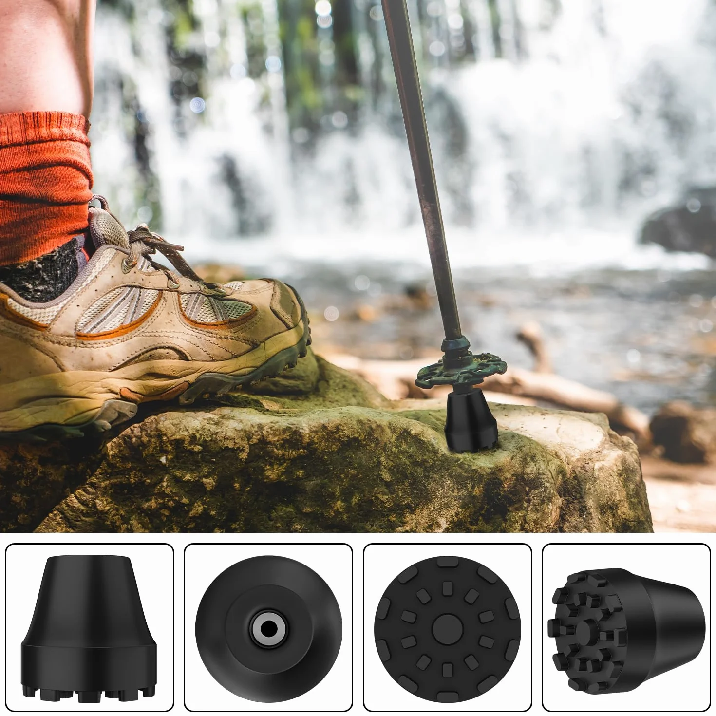 supregear Zapasowe gumowe końcówki do kijków trekkingowych i kijków, antypoślizgowe, amortyzujące wstrząsy, czarne, uniwersalne, pasują do standardowych lasek turystycznych 11 mm i składanych