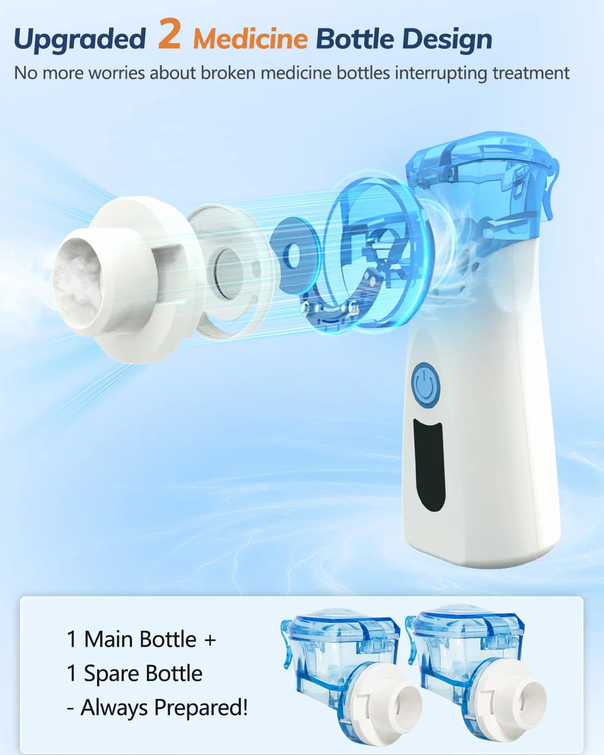 Bowfar Inhalator nebulizator, cichy inhalator z 2 kubkami na lek dla dorosłych i dzieci, wielkość cząsteczek 2-5 µm, 3 prędkości, przenośny, akumulatorowy inhalator ultradźwiękowy - niebieski
