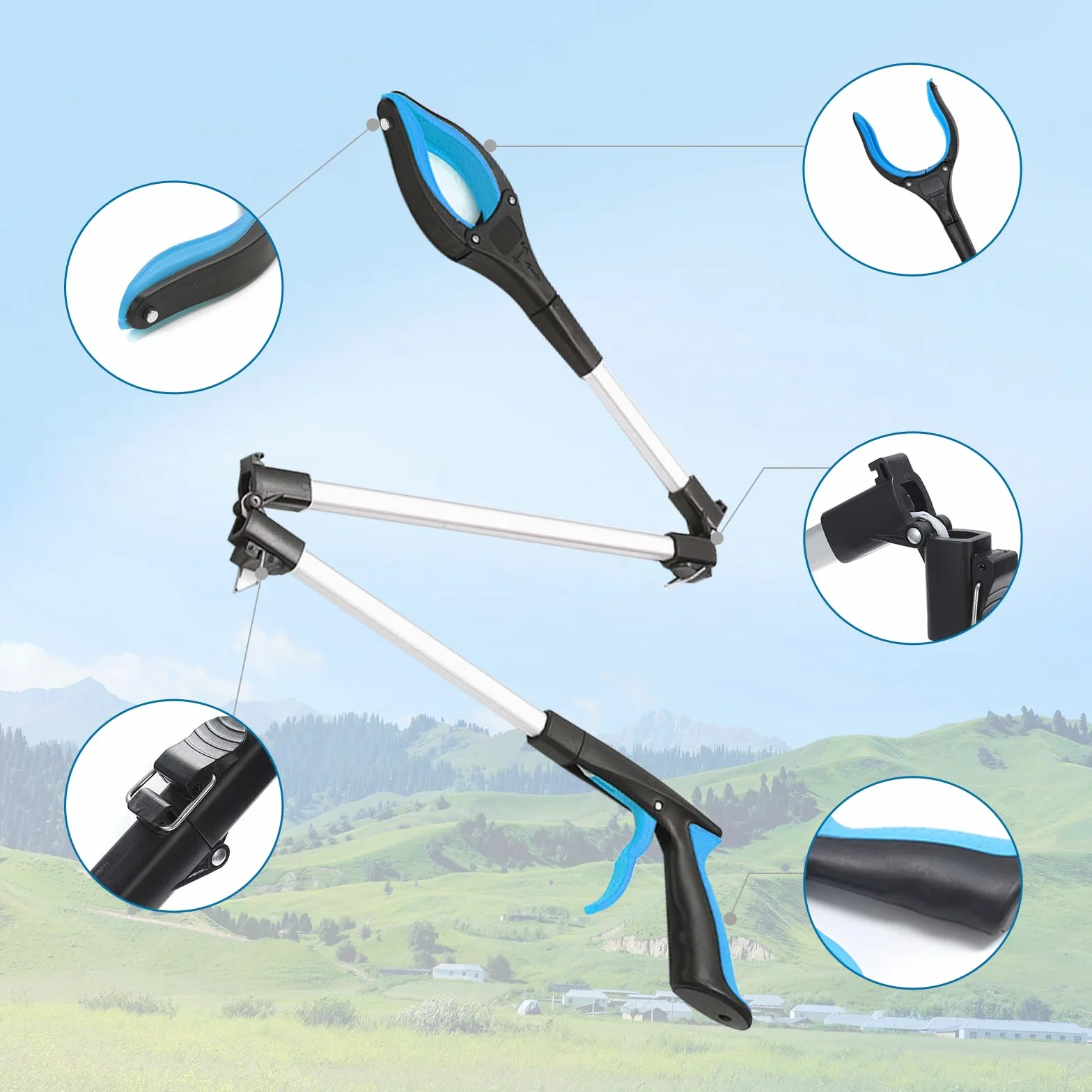 Szczypce Chwytakowe 110 cm dla Seniorów, Aluminiowe Szczypce Smieci, Składane Chwytające z Mocnym Uchwytem i Głowicą Obrotową 360°, Składany Chwyt dla Seniorów, Obrotowy Chwytak