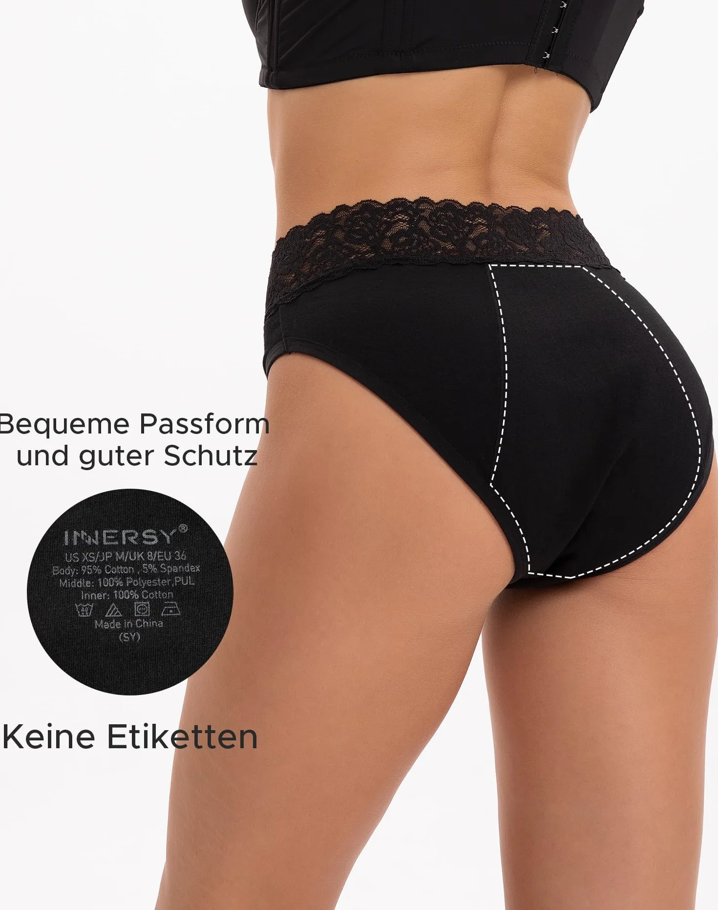 INNERSY Bielizna miesiączkowa z krótkim okresem krwawienia / umiarkowanego krwawienia, majtki miesiączkowe, koronka, 3 sztuki