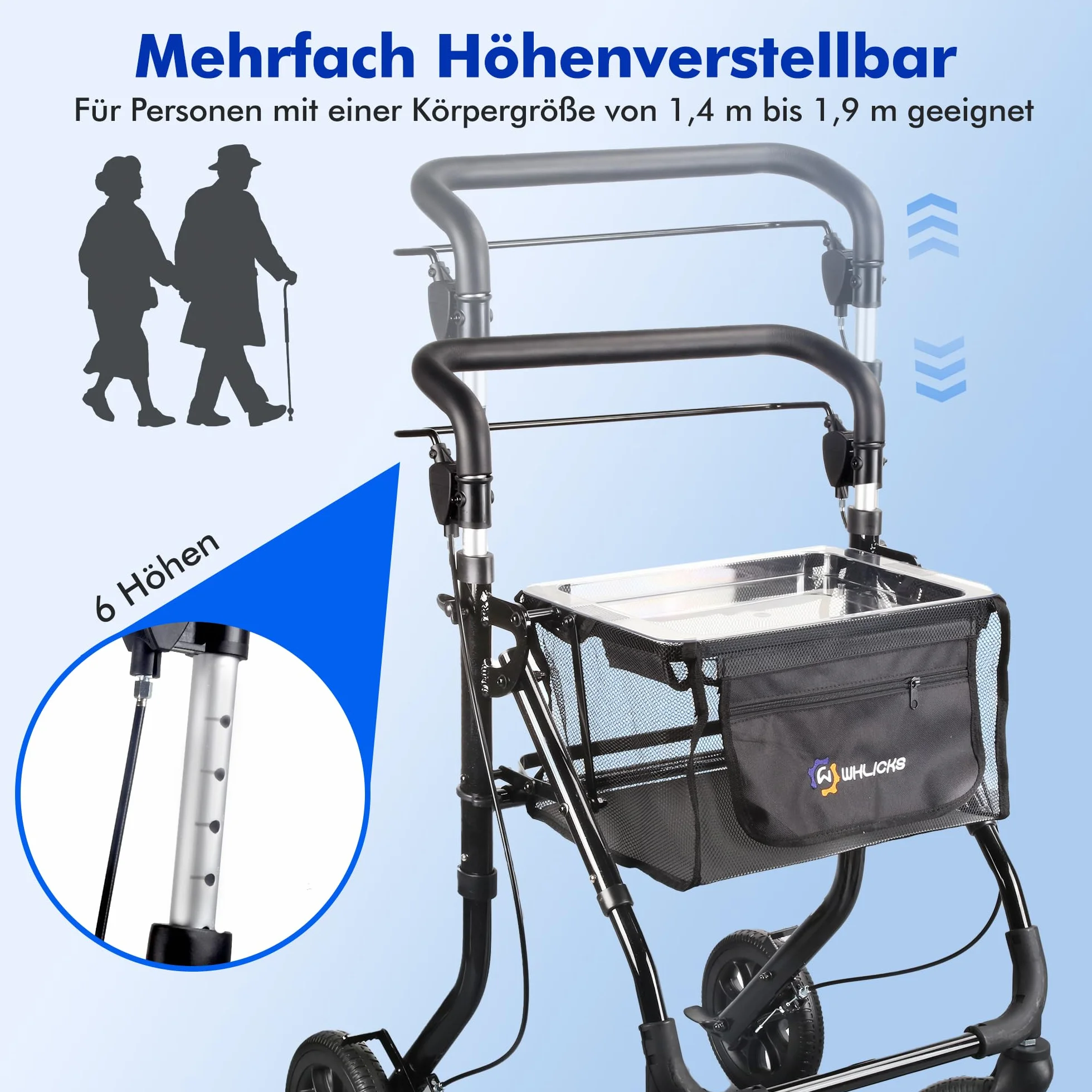 Aluminiowy Rollator Składany Wąski do Mieszkania z Torbą i Tacą, Regulacja Wysokości, Antypoślizgowa Opona