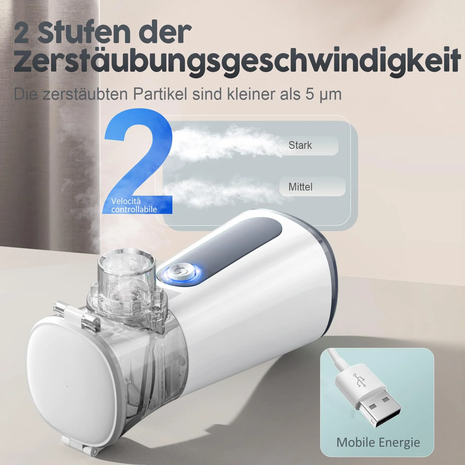 Cichy inhalator dla dzieci i dorosłych z ustnikiem, 2 maskami, regulowaną szybkością, trybem czyszczenia, długą żywotnością baterii