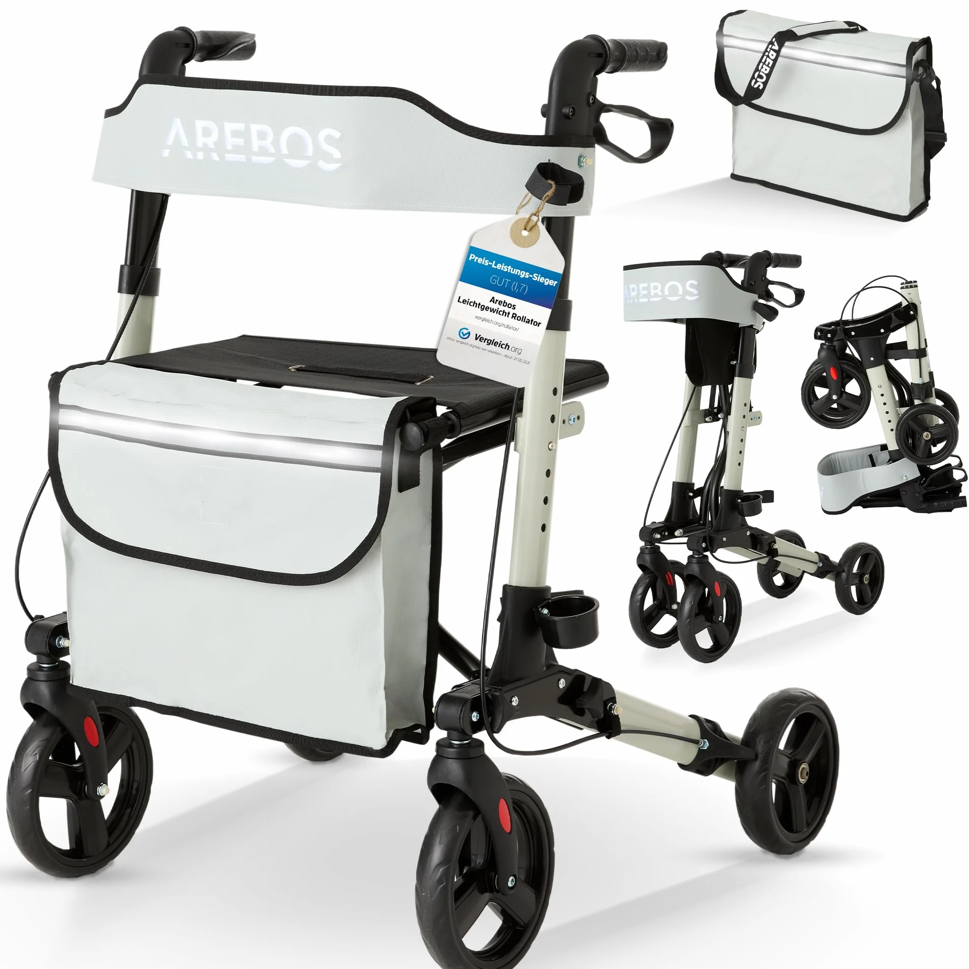 Arebos Rollator 4 Koła Składany z Siedziskiem i Oparciem, Regulacja Wysokości, Torba na Zakupy, Maks. 136 kg