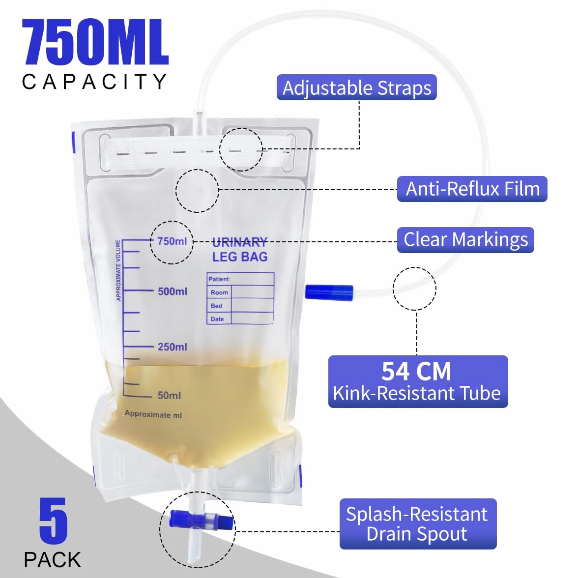5 sztuk worków na mocz 750 ml, worek na mocz, worek na nogi, worek do drenażu moczu z wężem, worek cewnikowy z zaworem spustowym T i taśmami materiałowymi (750 ml, 5 szt.)