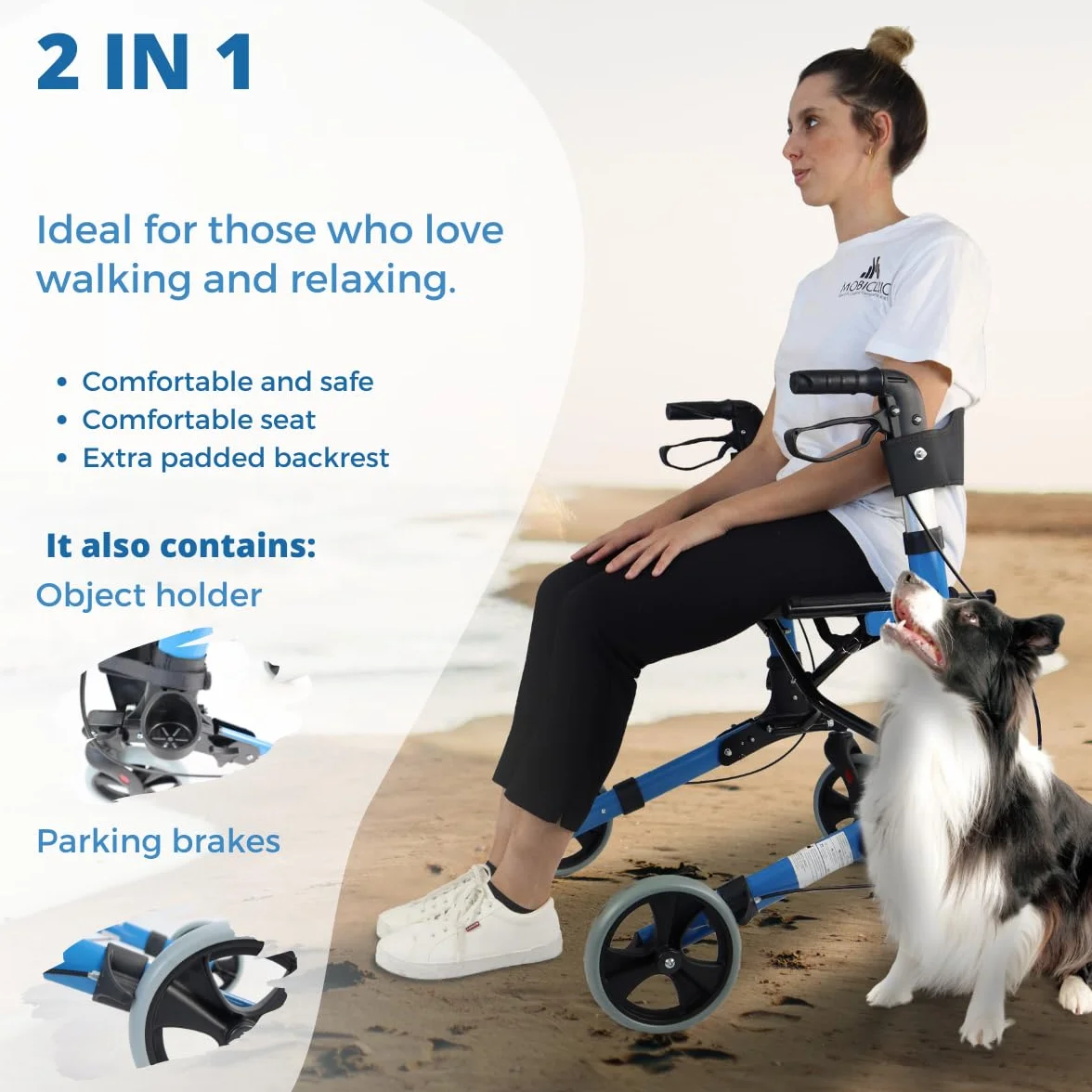 Mobiclinic Trajano Deluxe Składany Chodzik z 4 kołami Aluminium Hamulce na dźwigniach Siedzisko i oparcie