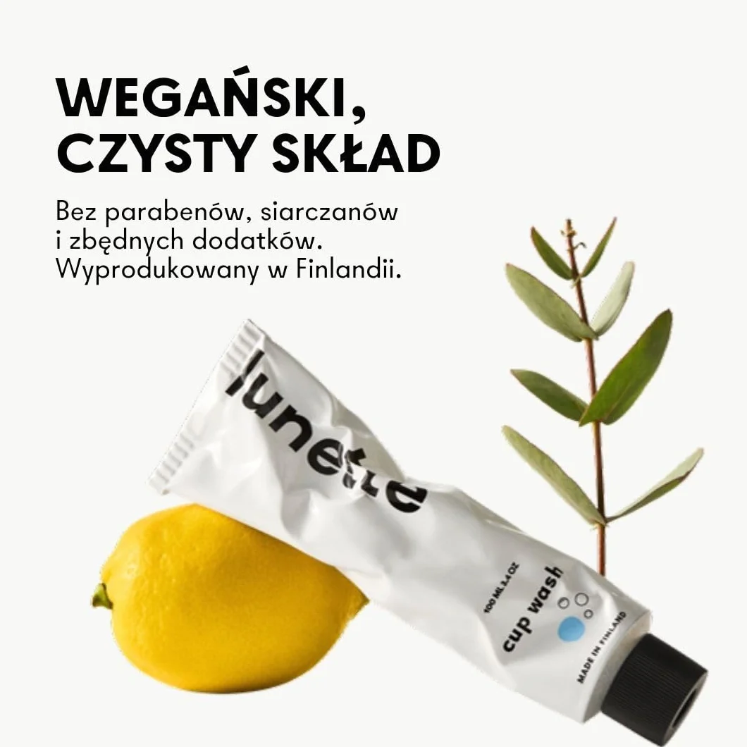 Lunette Żel do Mycia Kubeczka Menstruacyjnego i Dysku – środek Czyszczący o Zbalansowanym pH– Wegański-Bezpieczny dla Silikonu – o Zapachu Cytryny i Eukaliptusa – Wyprodukowany w Finlandii- 100 ml
