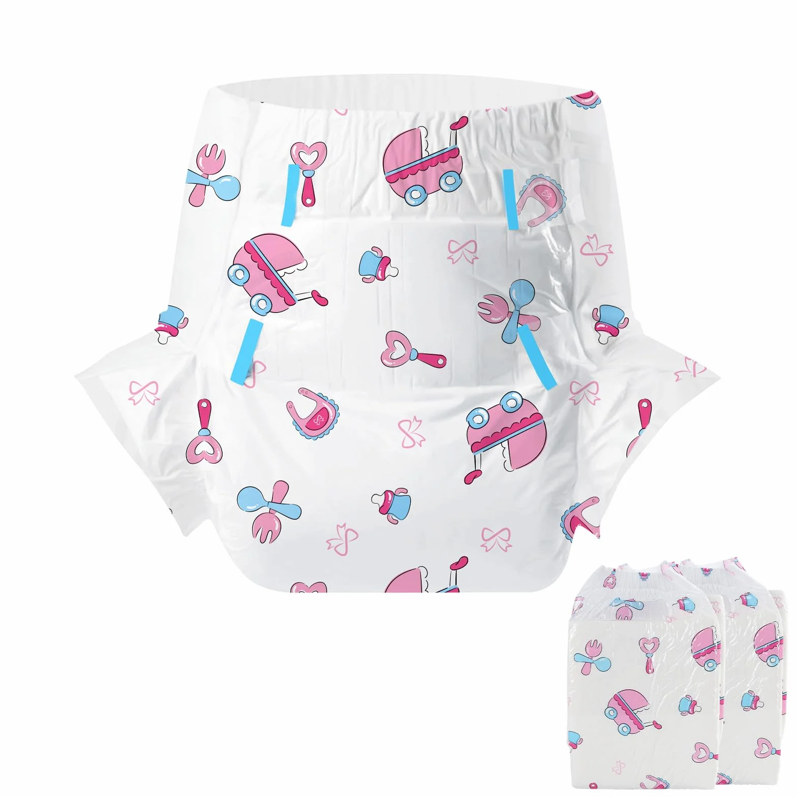 CutiePlusU Pieluchy dla dorosłych, 2 sztuki jednorazowe pieluchy inkontynencyjne z pętelkami, mocna absorpcja na noc - Baby Dream (rozmiar M 71-97 cm)
