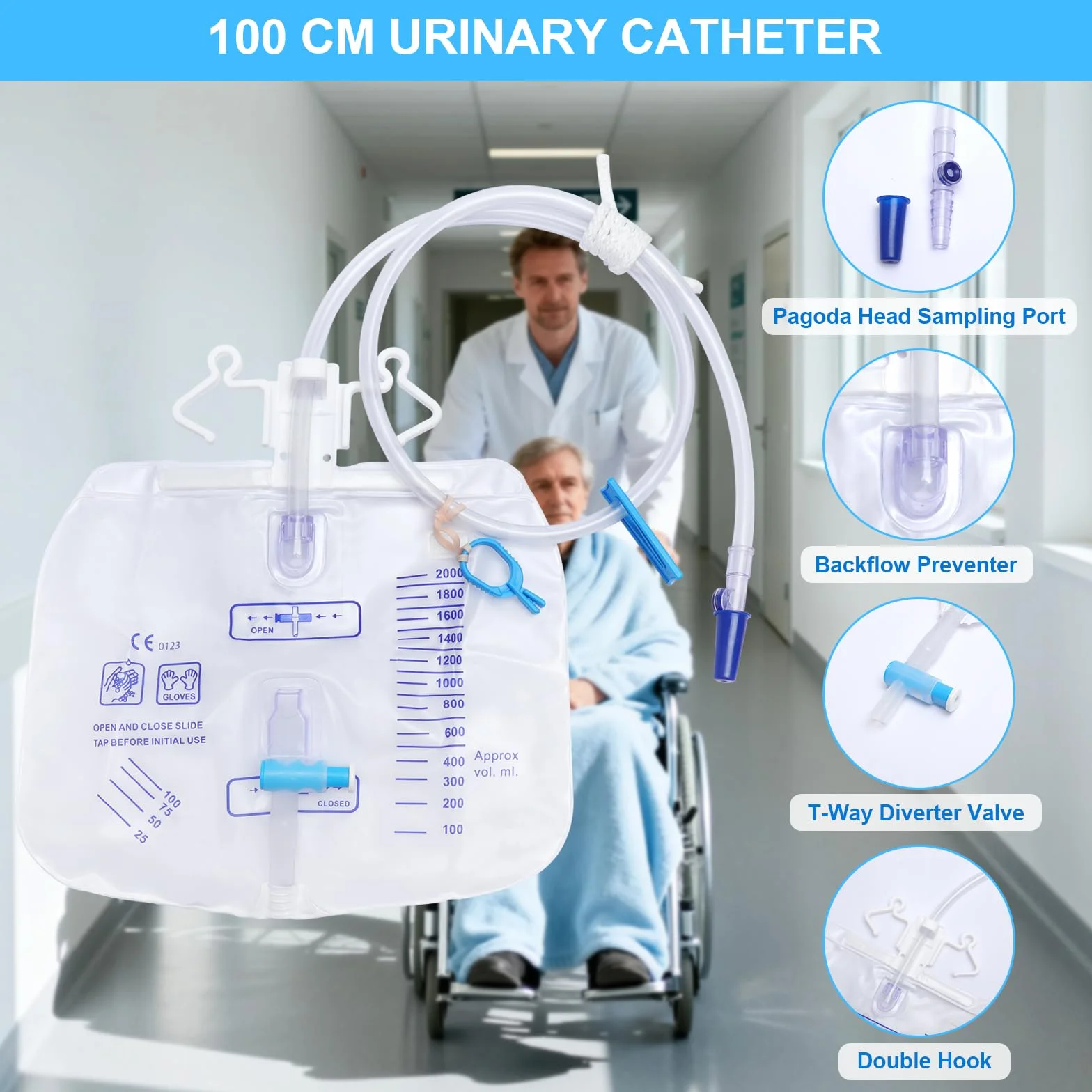 2 sztuki systemu drenażu moczu, worek na mocz 2000 ml z zaworem antyrefluksowym i odpływem, worek do drenażu moczu z wężem 100 cm (2000 ml, 2 szt.)